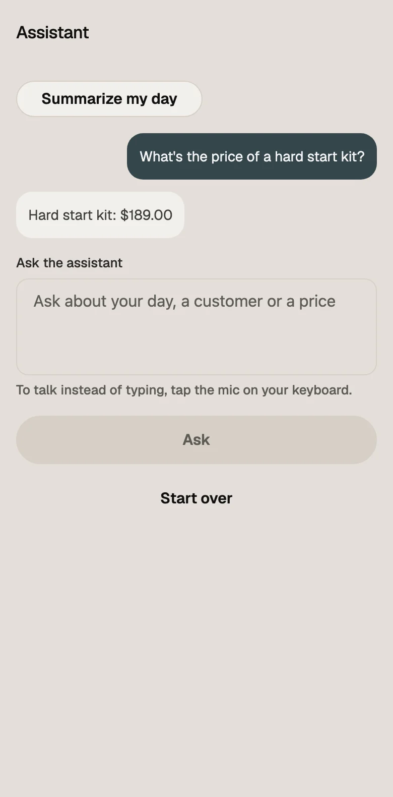 El asistente en la app para técnicos respondiendo "What's the price of a hard start kit?" con $189.00